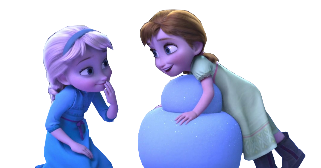 Elsa and Anna, from the animated film Frozen, building a snowman.
